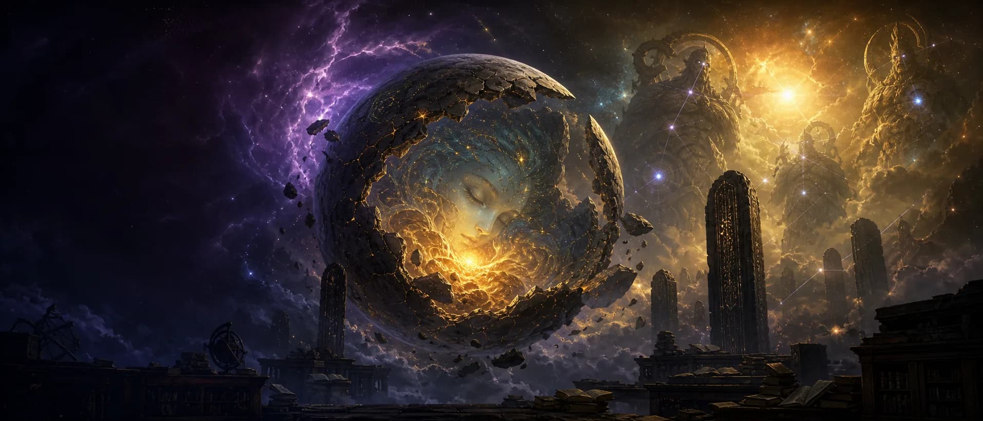 A cosmic archive depicting a world-soul, ancient monoliths, and opposing celestial forces.
